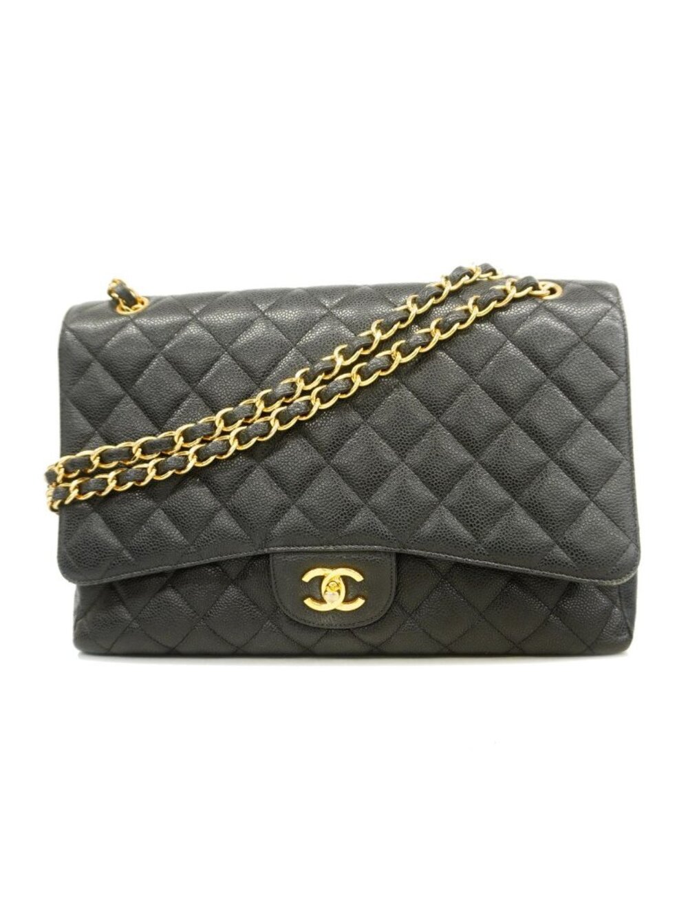 Chanel Shoulder Bag Maxi Quilted Caviar Leather Brown Gold